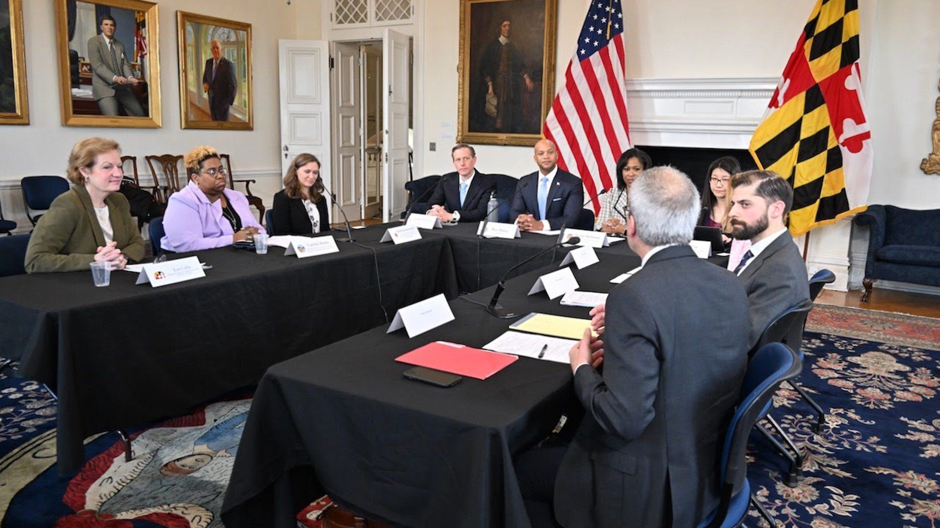 Maryland Governor Wes Moore met with representatives of UMD's Center for Global Sustainability, including Director Nate Hultman (below, left, speaking with Moore), as well as with Maryland Department of the Environment staff and representatives of the League of Conservation Voters to discuss Maryland's ambitious carbon emissions goals.