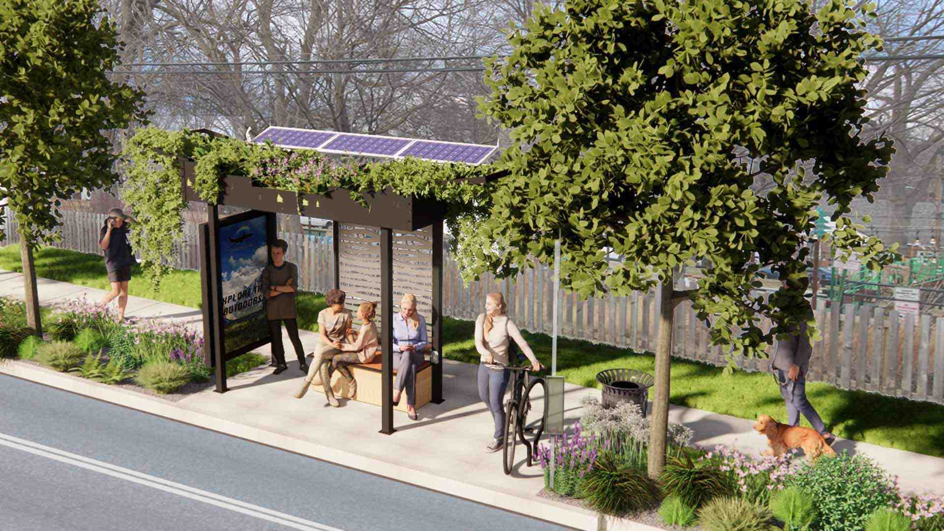 cool green bus shelter with plants