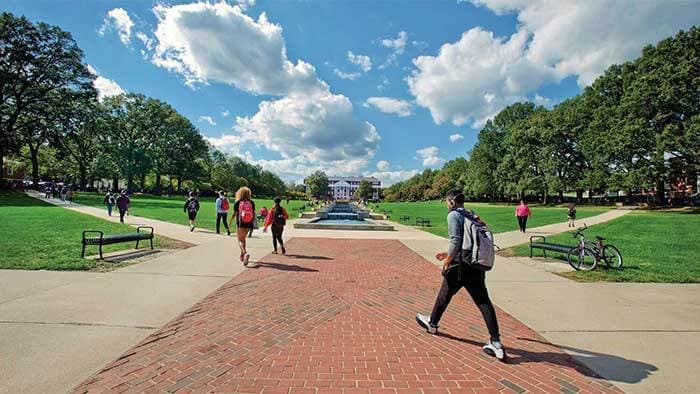 End of McKeldin Mall looking West to ODK Fountain and McKeldin Mall. Students use the walkways to get to their classes